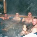 USA ID McCall 2001JAN13 013  Water temperature: 105f (40c)  Outside temperature: 10f (-12c)    Our bodies were toasty warm, but the water in our hair was frozen.  Weird sensation! : 2001, 2001 - 2nd Annual Bed & Sled, Idaho, January, McCall, North America, USA